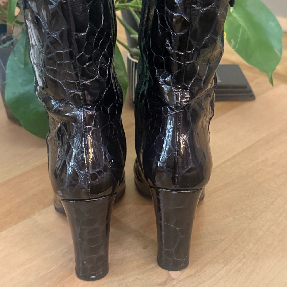 Stuart Weitzman Black Patent Croc-Embossed High Heel Boots - Picture 2 of 8